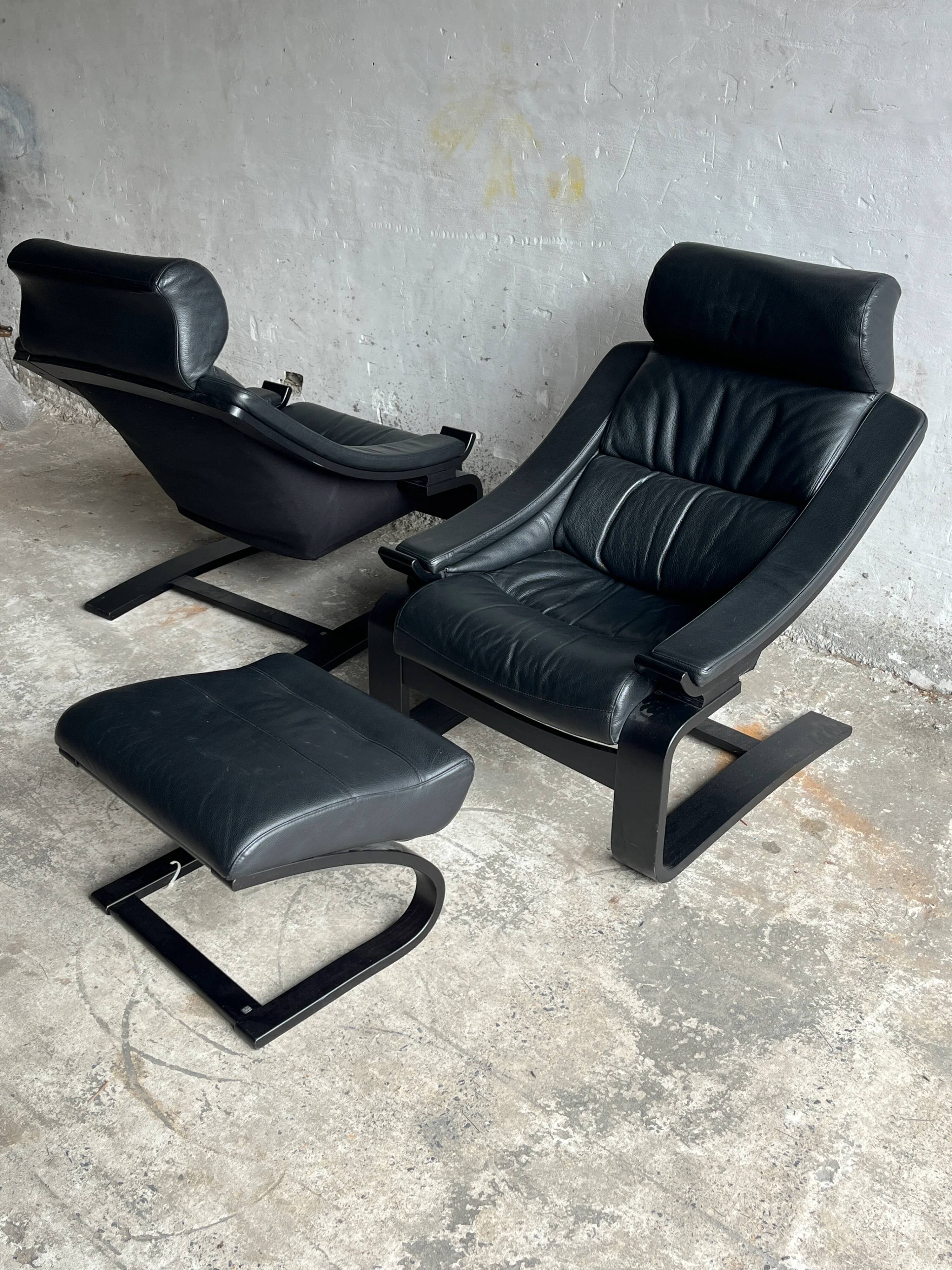 Set of 3 Nelo Kroken lounge chairs in black leather, 1970s.