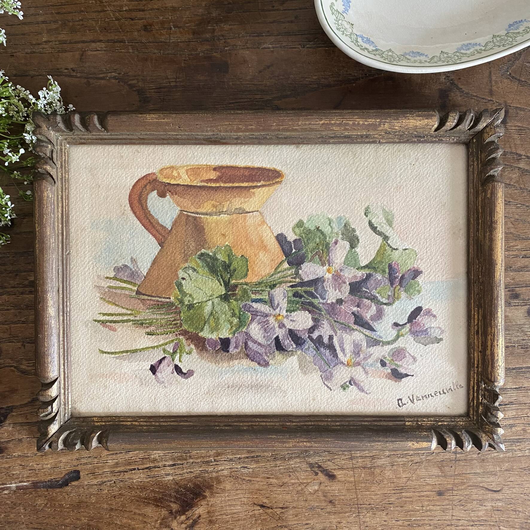 Peinture ancienne bouquet de fleurs, nature morte aquarelle violettes