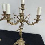 Paire de girandoles, candélabres, bronze, putti, cristal, 4 feux, pampilles, fin XIXème