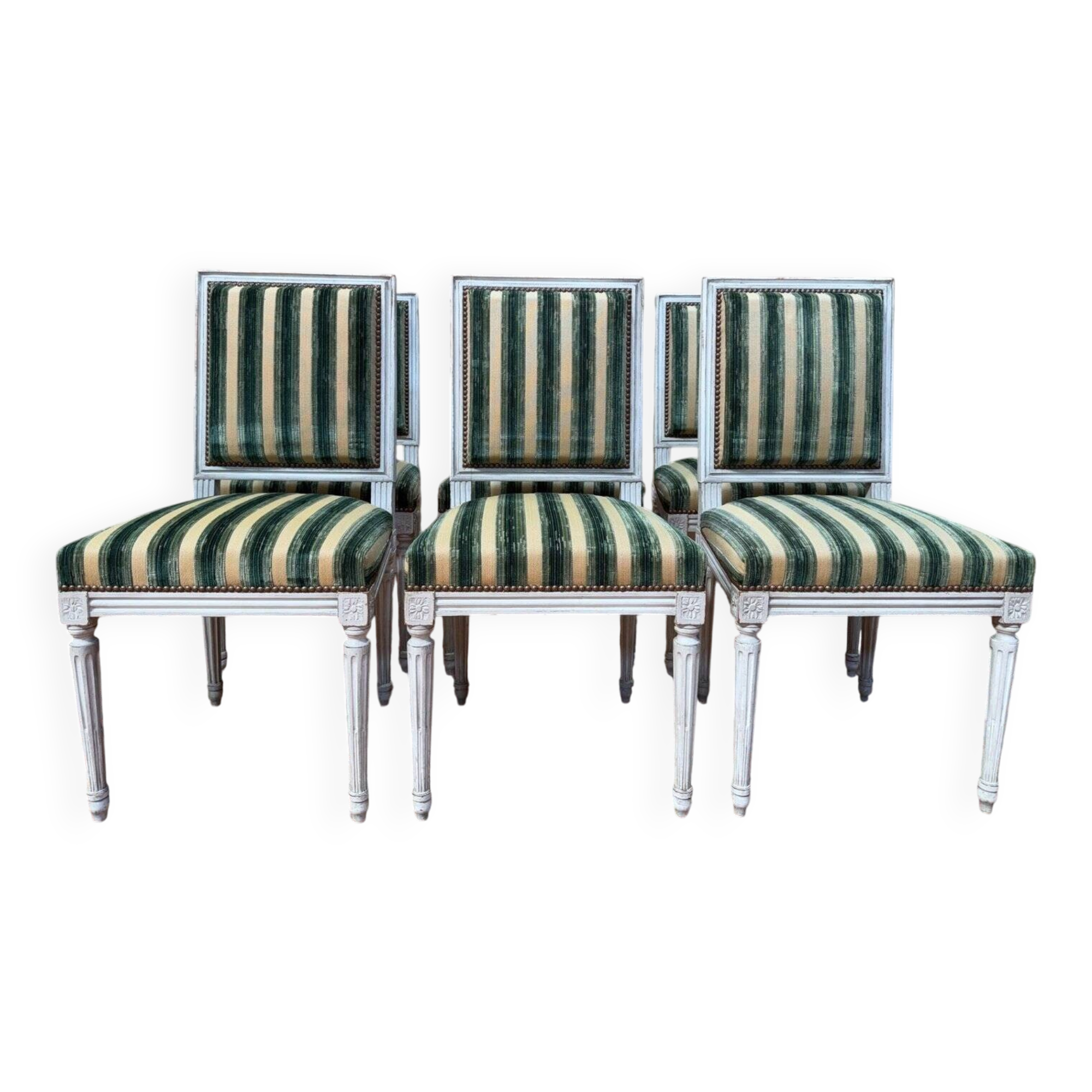Set of 6 Louis XVI style chairs – Painted wood & striped velvet