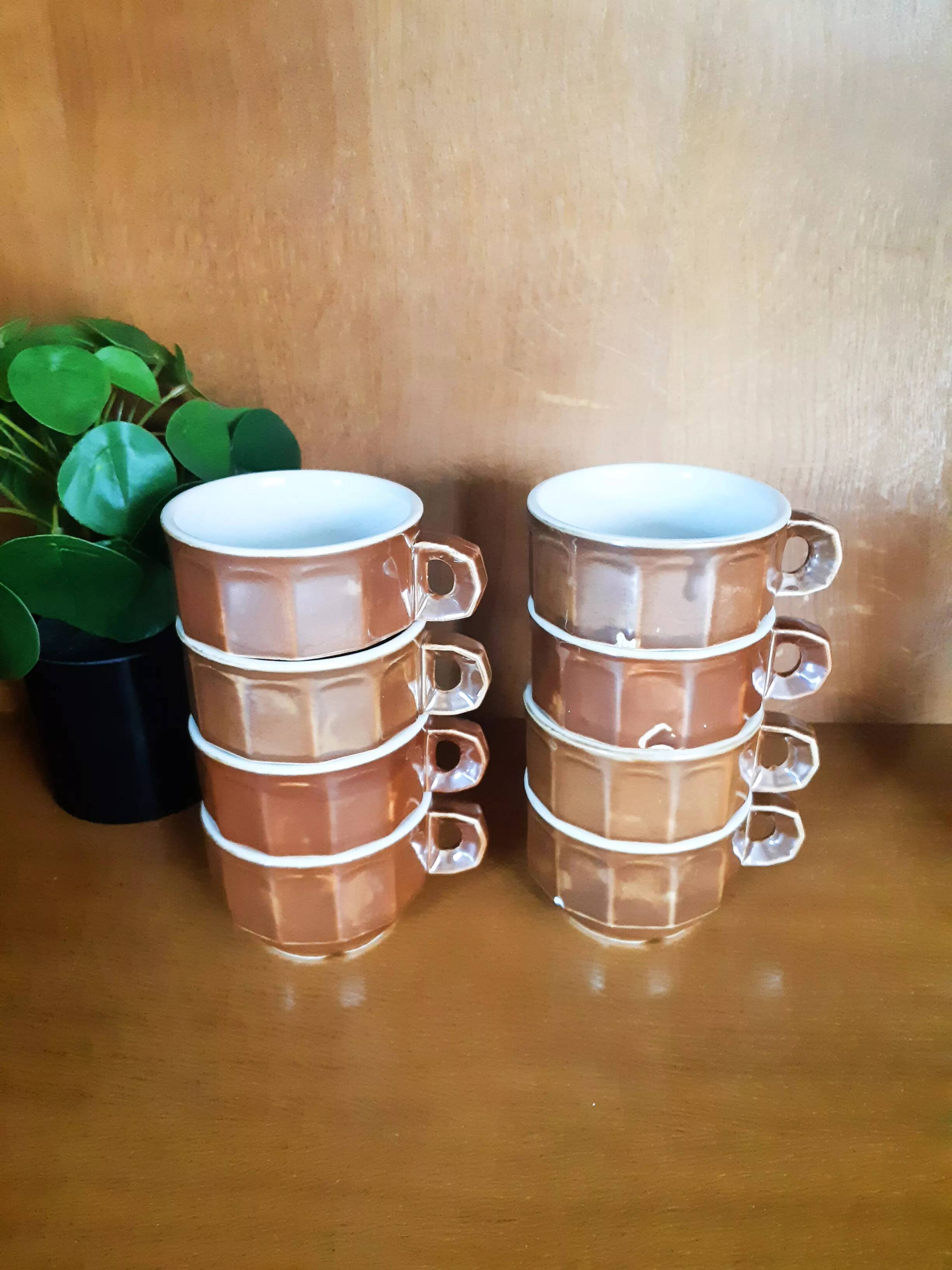 8 tasses à café de bistrot marron et blanche, en porcelaine, vintage