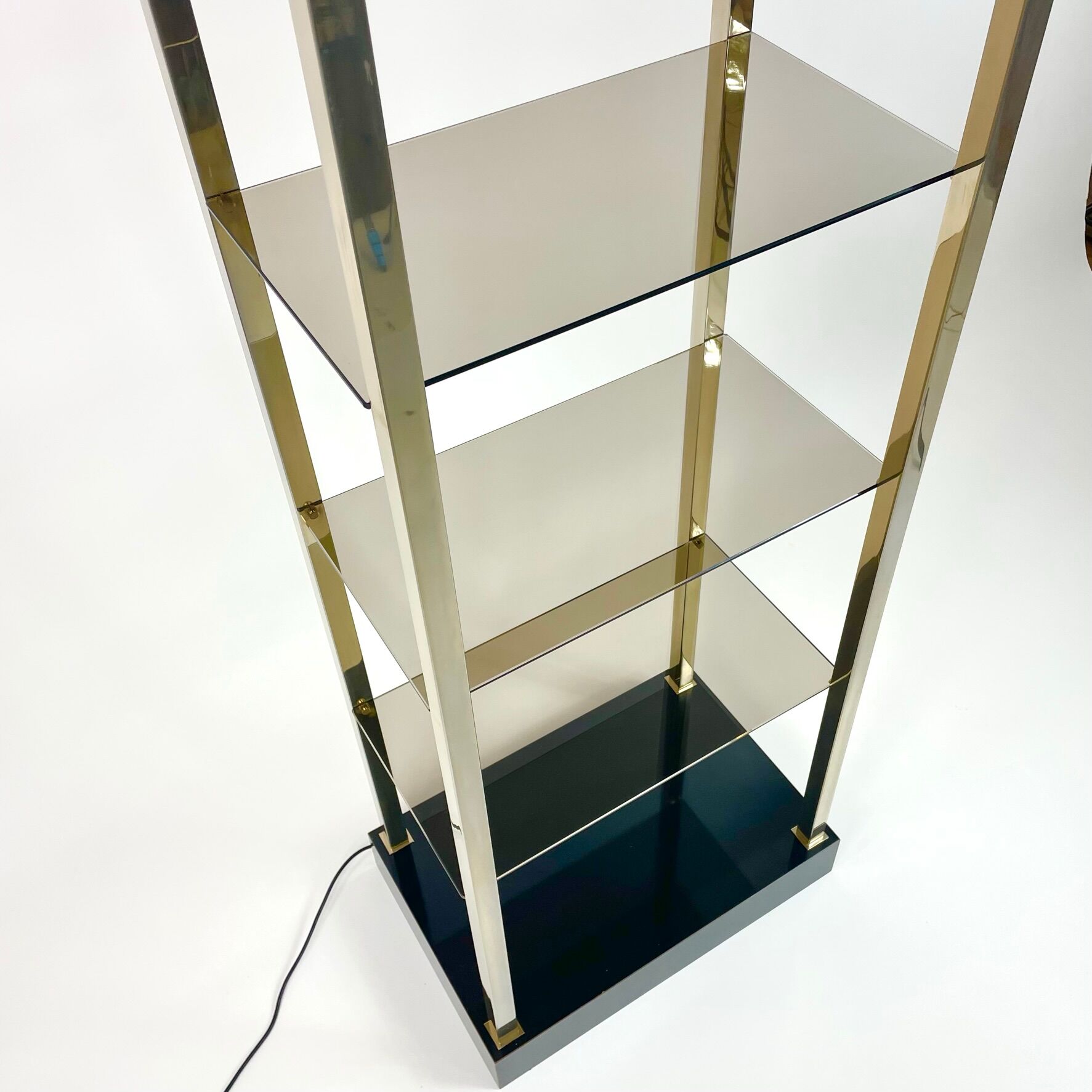 Brass and smoked glass shelf, belgo chrome, 1980
