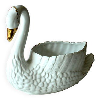 1960s porcelain planter white-gold in the shape of a swan, vintage, made in Italy