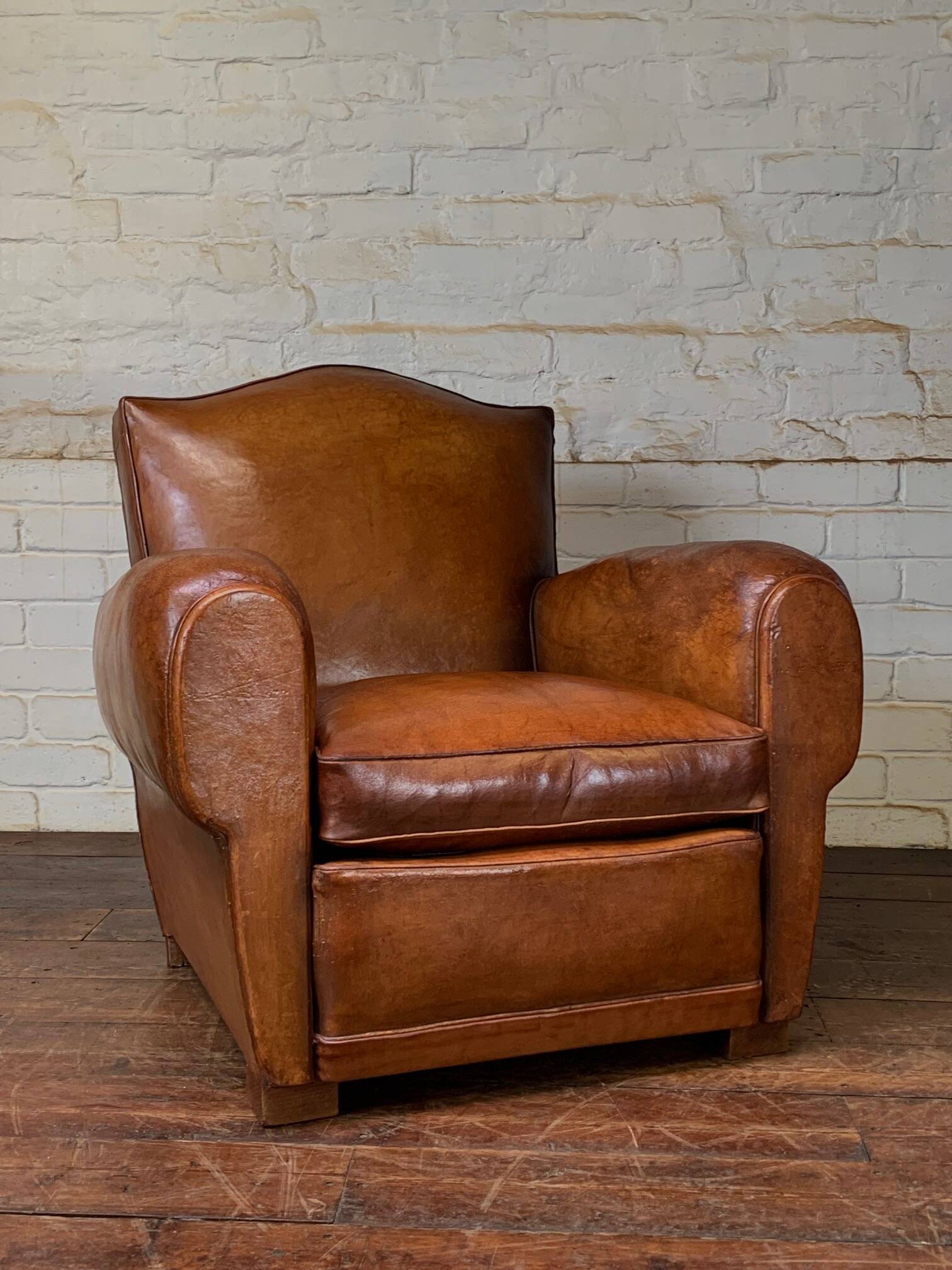 French leather club chair chapeau de gendarme in caramel c 1950