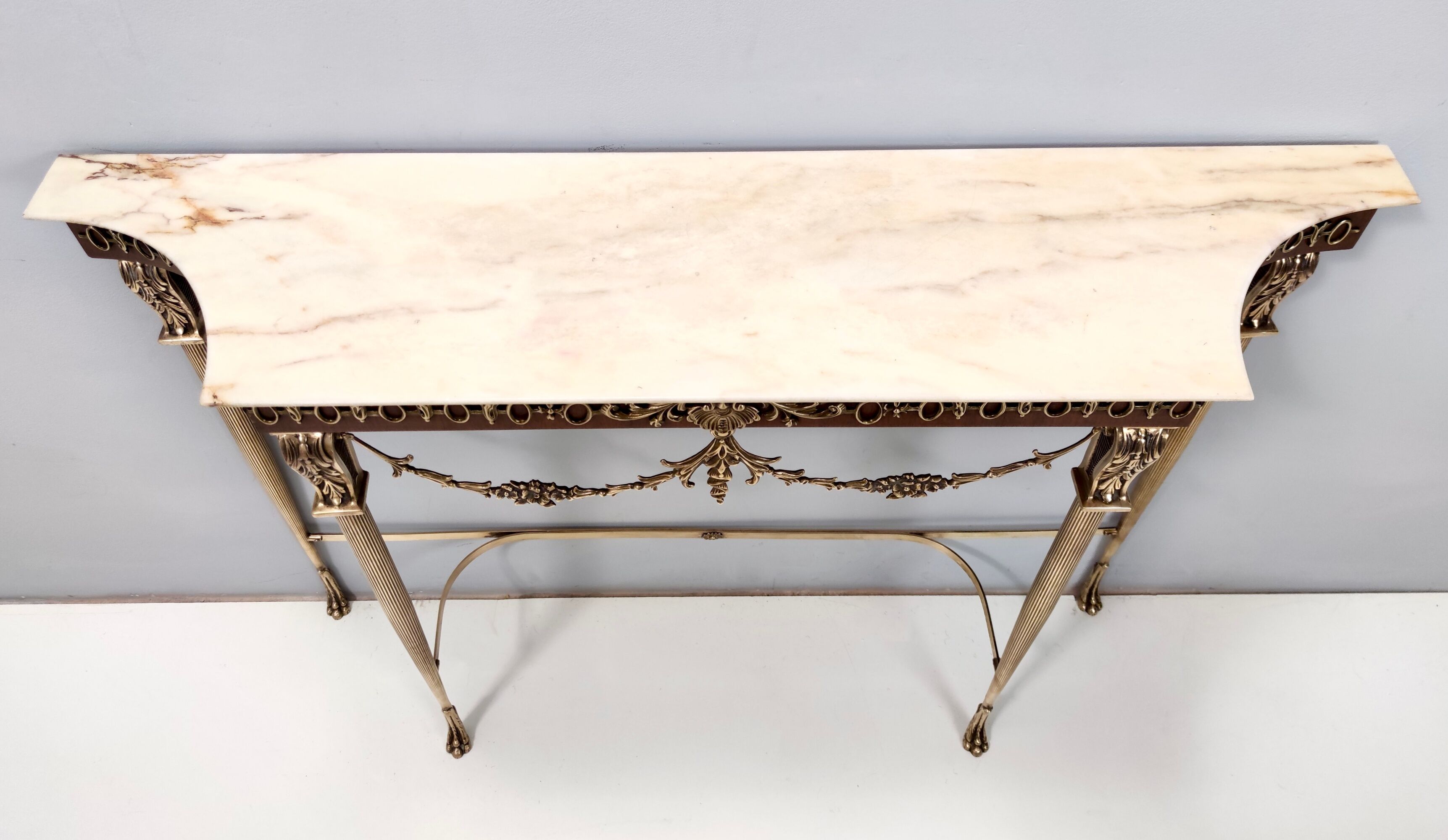 Vintage walnut console with a portuguese pink marble top and brass frame, italy