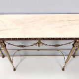 Vintage walnut console with a portuguese pink marble top and brass frame, italy