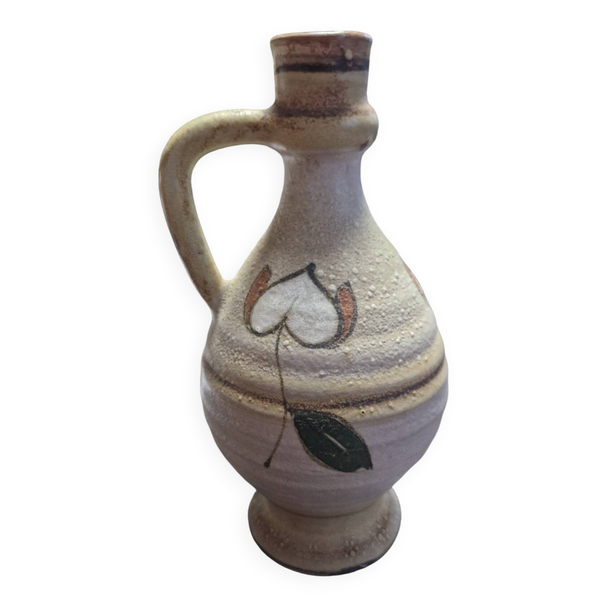 Handcrafted jug or jar with a handle, terracotta pottery vase, fat lava effect, stylized flowers