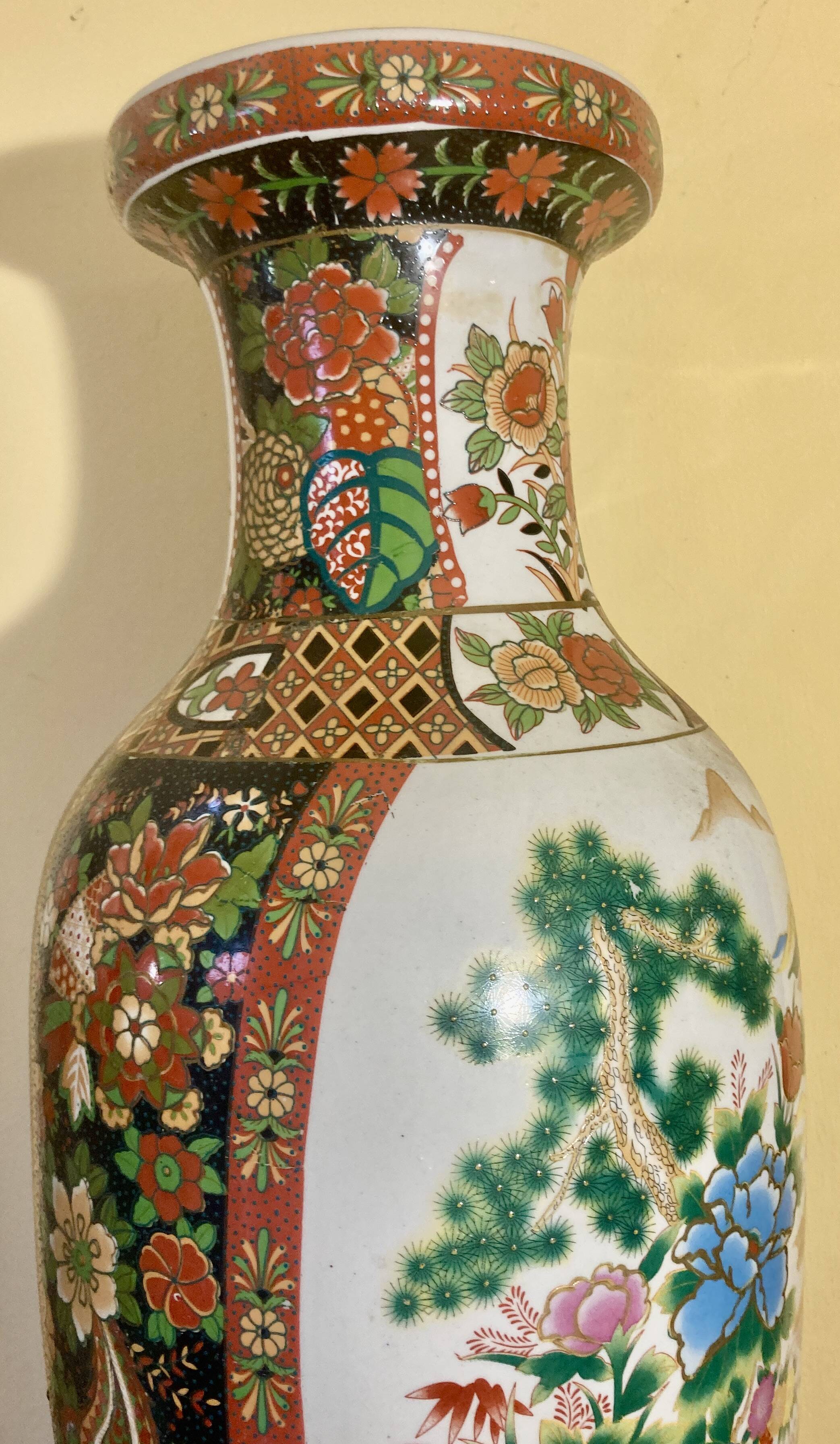 Chinese baluster porcelain vase with polychrome decoration of flowers and pagoda size xxl