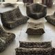 Vintage Togo pouf in brown Liberty print velvet with floral pattern by Ligne Roset (rare)