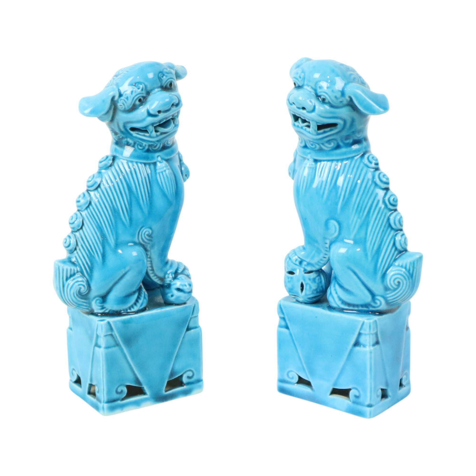 Pair of Blue Glazed Foo Dog Temple Lion Figurines 16cm