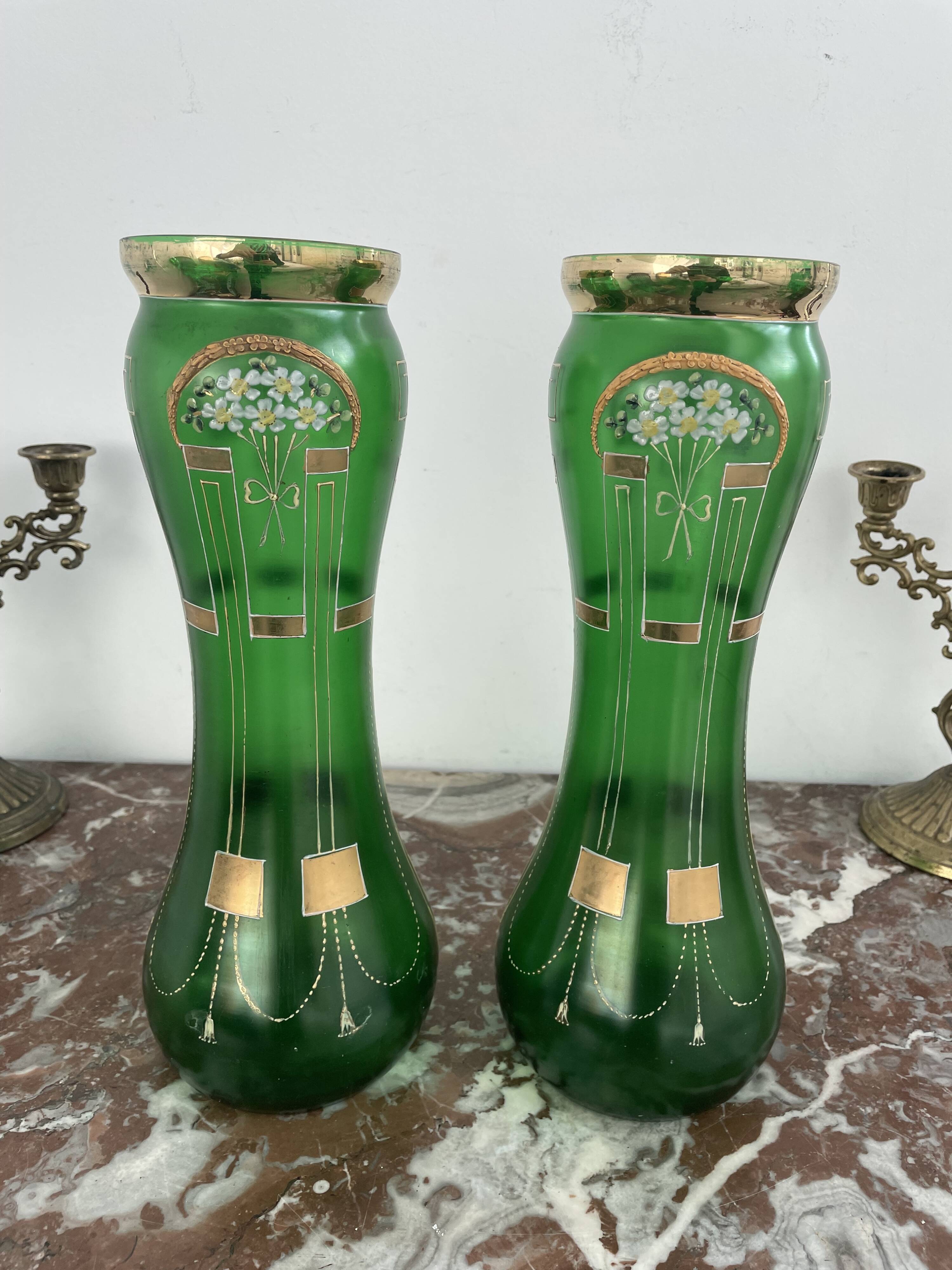 Antique, pair, green vases, flower decoration, golden, ART DECO, daisies, knot, hand painted