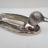Foie gras dish in silver metal, duck décor