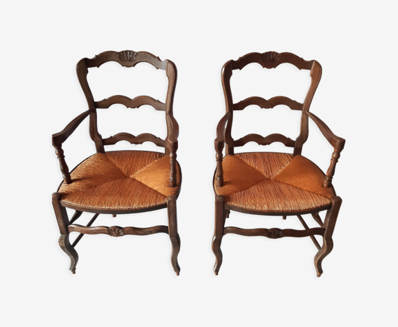 Lot de 2 fauteuils style provençal bois et paille