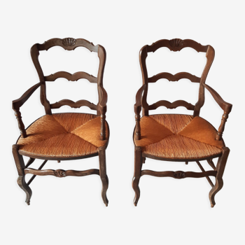 Set of 2 armchairs provencal style wood and straw