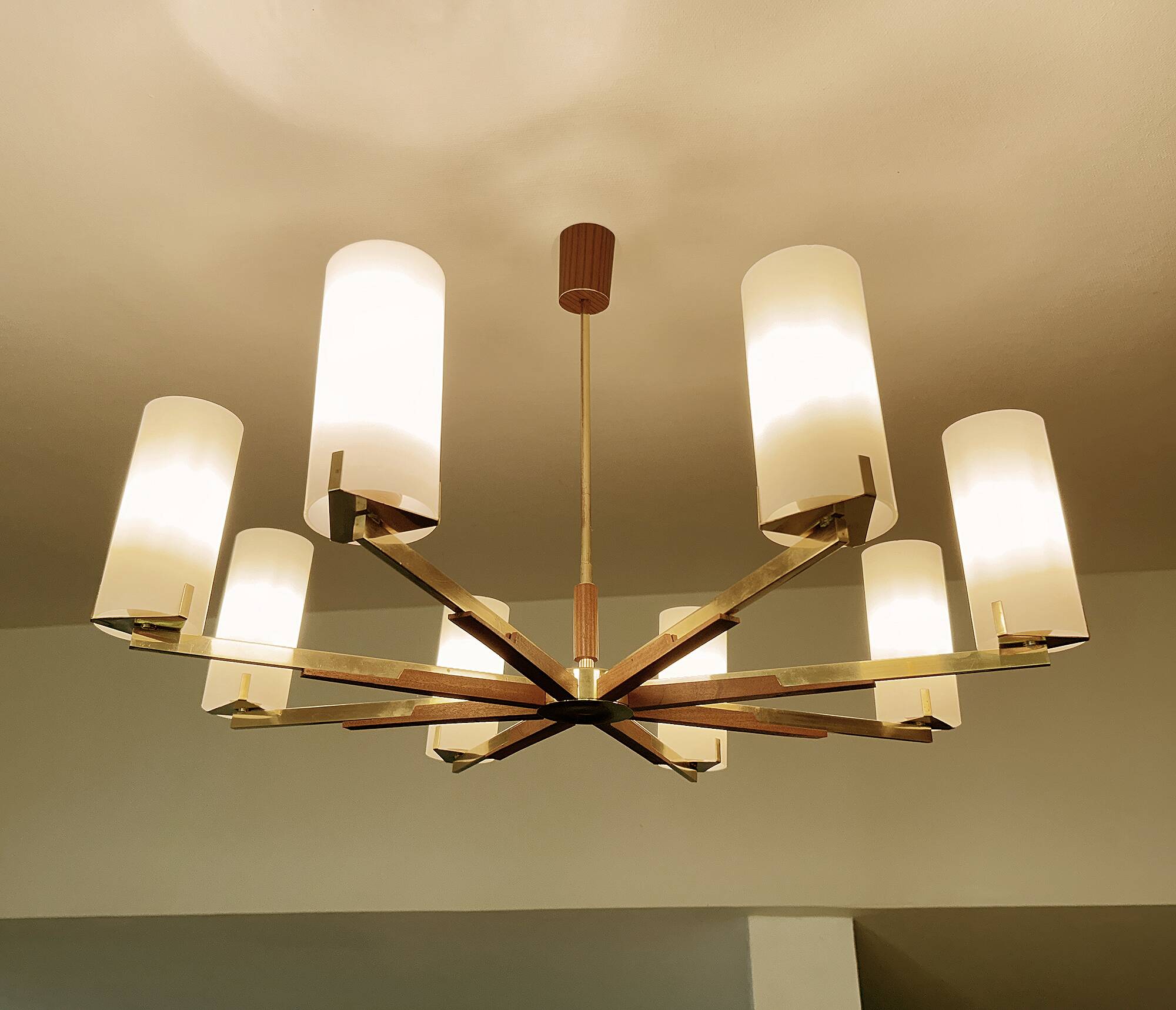 Grande suspension scandinave, teck, laiton et verre