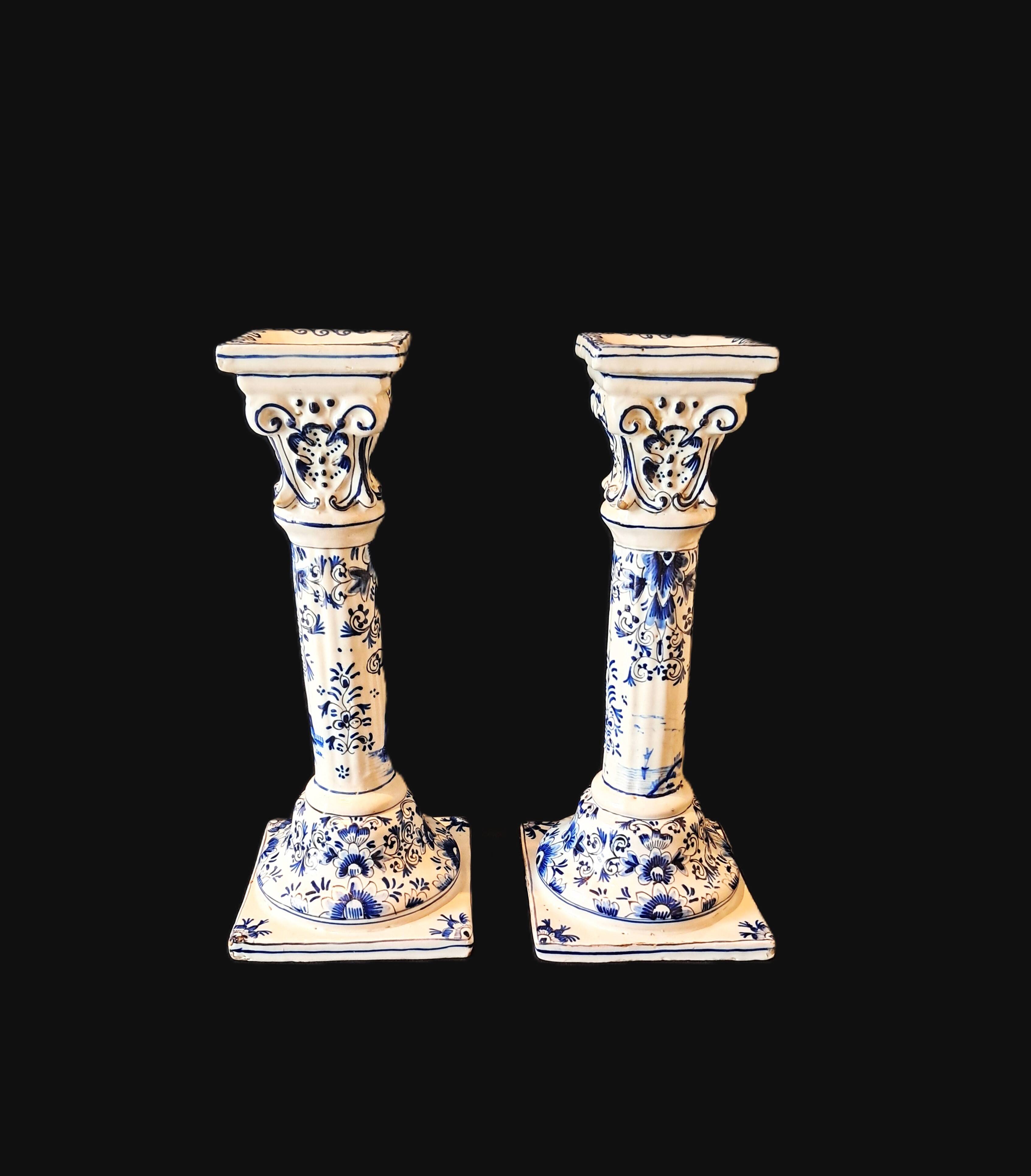 Antique Pair of Column Candlesticks in Blue and White Delftware