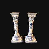 Antique Pair of Blue and White Delftware Column Candlesticks