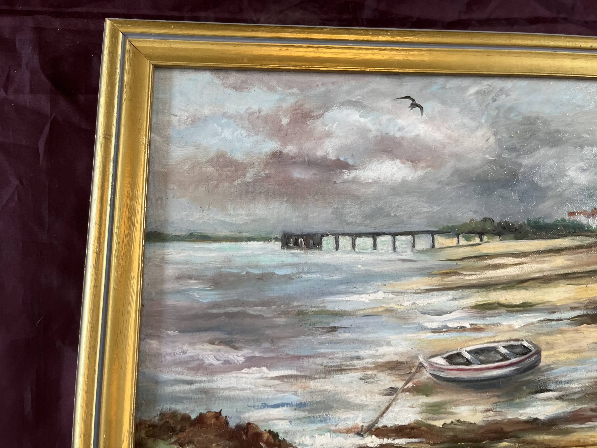 Tableau paysage maritime avec barque, signé Stauzin