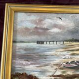 Maritime landscape painting with boat, signed Stauzin