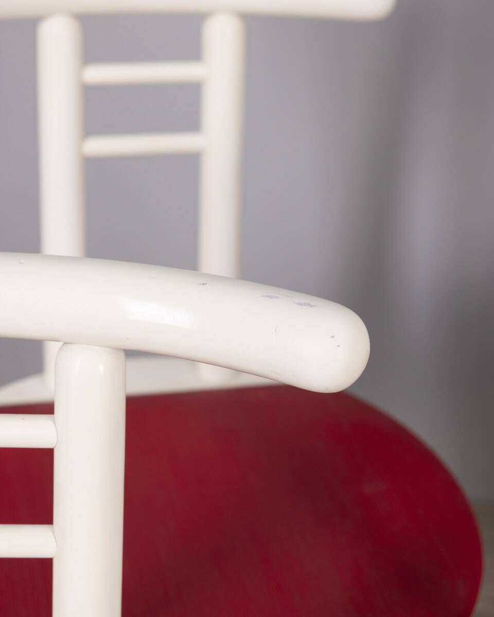 Set of 4 vintage 1980s chairs in wood and red vinyl, italian design