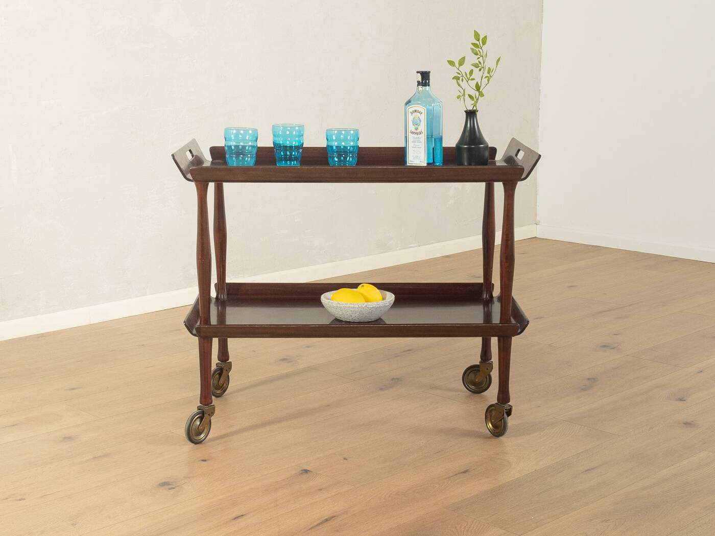 Classic serving trolley from the 1960s, solid Macoré frame with two Macoré veneer shelves and brass castors