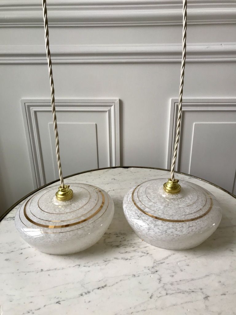 Pair of suspensions in white Clichy glass and golden edging 40s-50s
