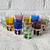 11 verres à liqueur anciens en cristal multicolores vintage