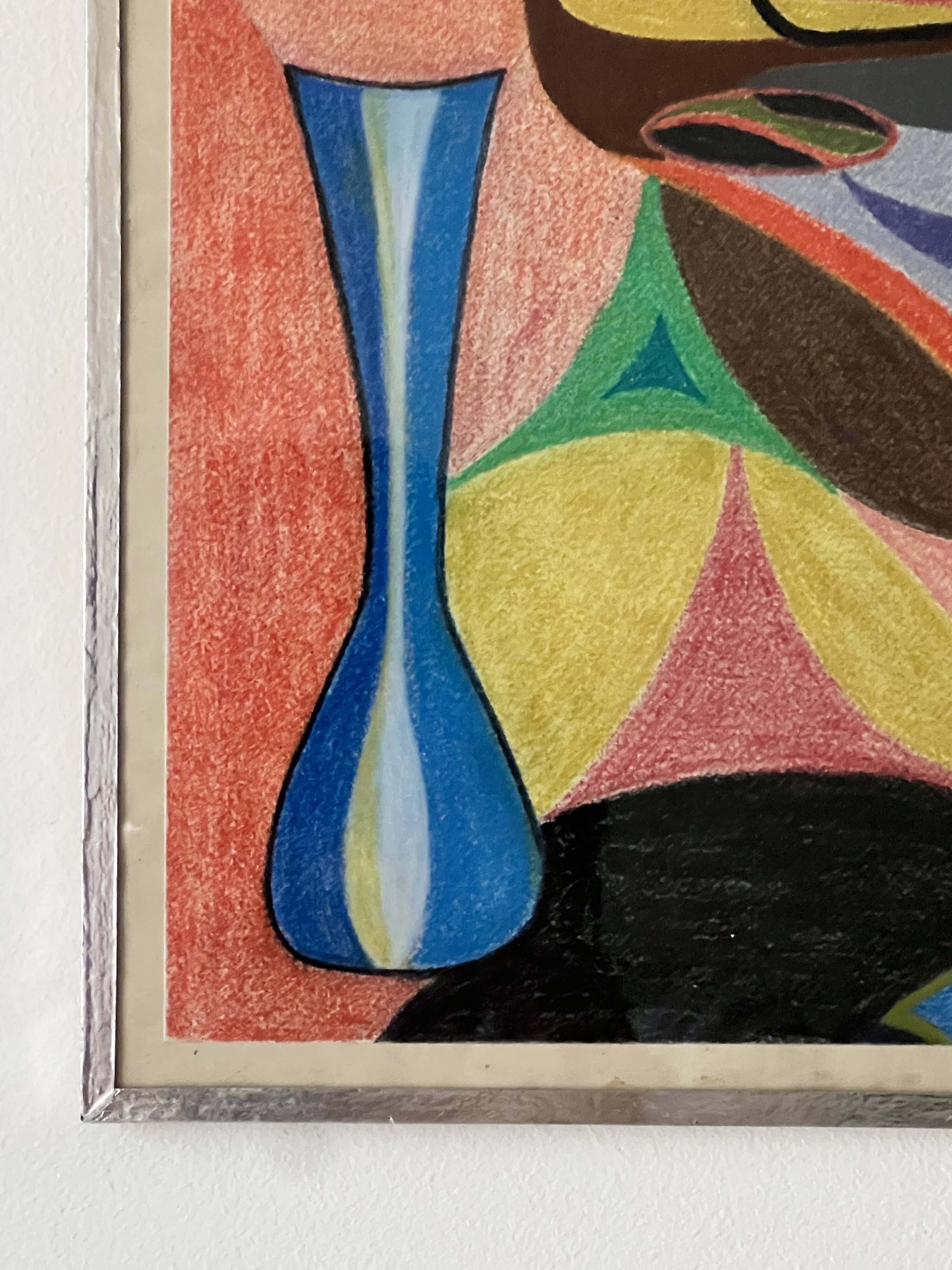 Vintage pastel cubist still life painting under glass and signed from 1967.