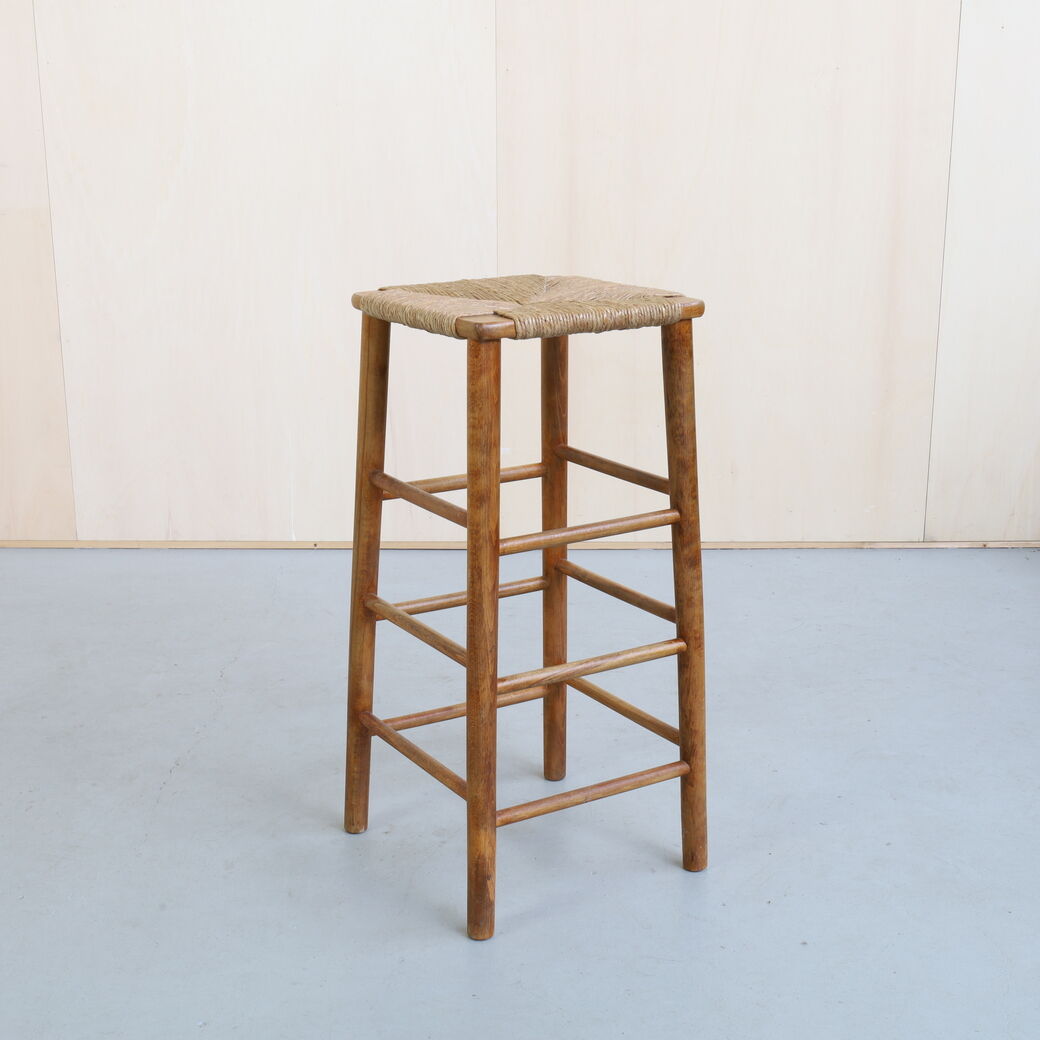 Brutalist barstools in wood and rush, 1970s, set of 4