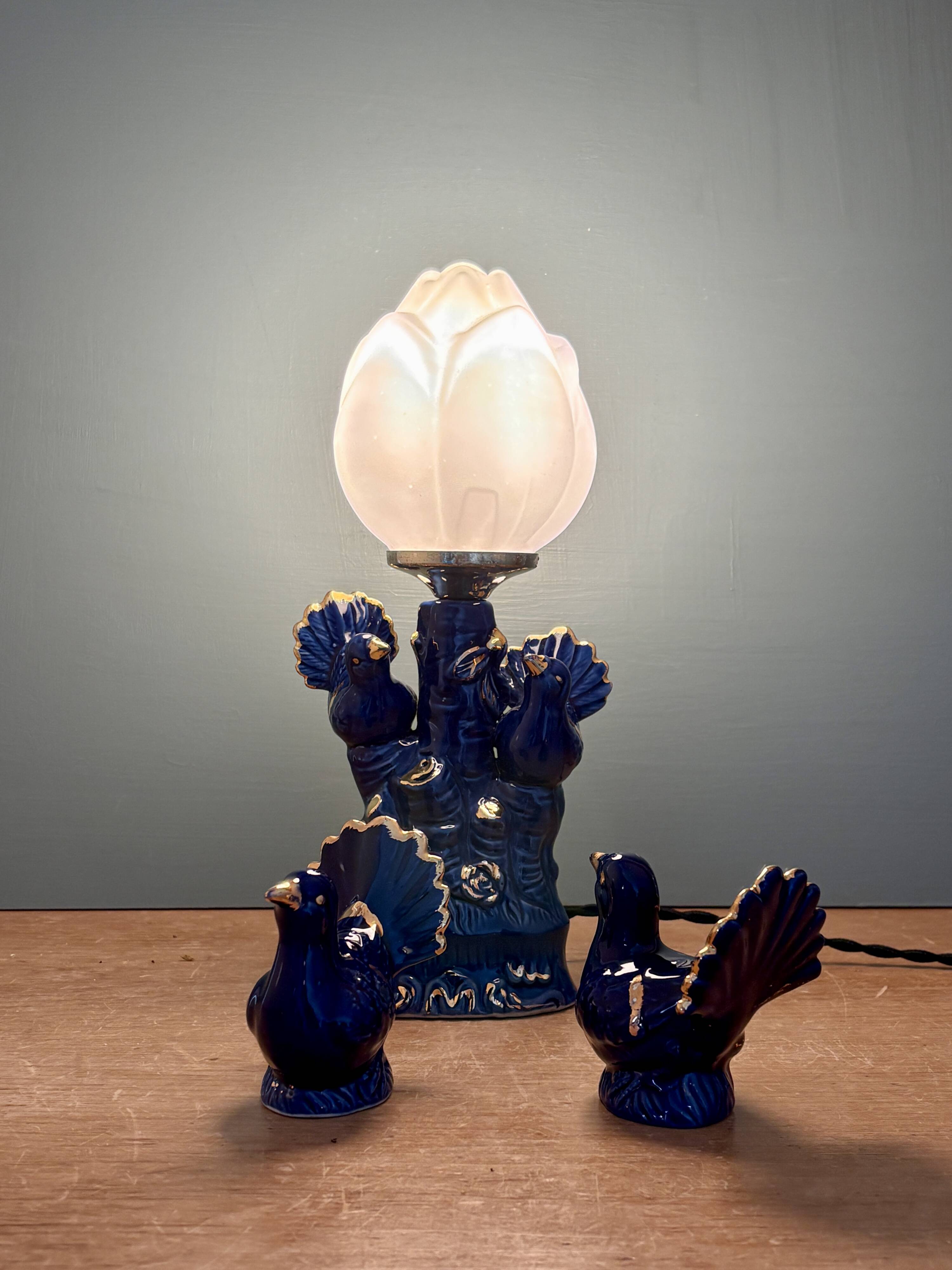 Vintage blue ceramic lamp with its birds.