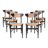 Ensemble de 6 chaises de salle à manger scandinaves modernes, assise et dossier en corde, 1960