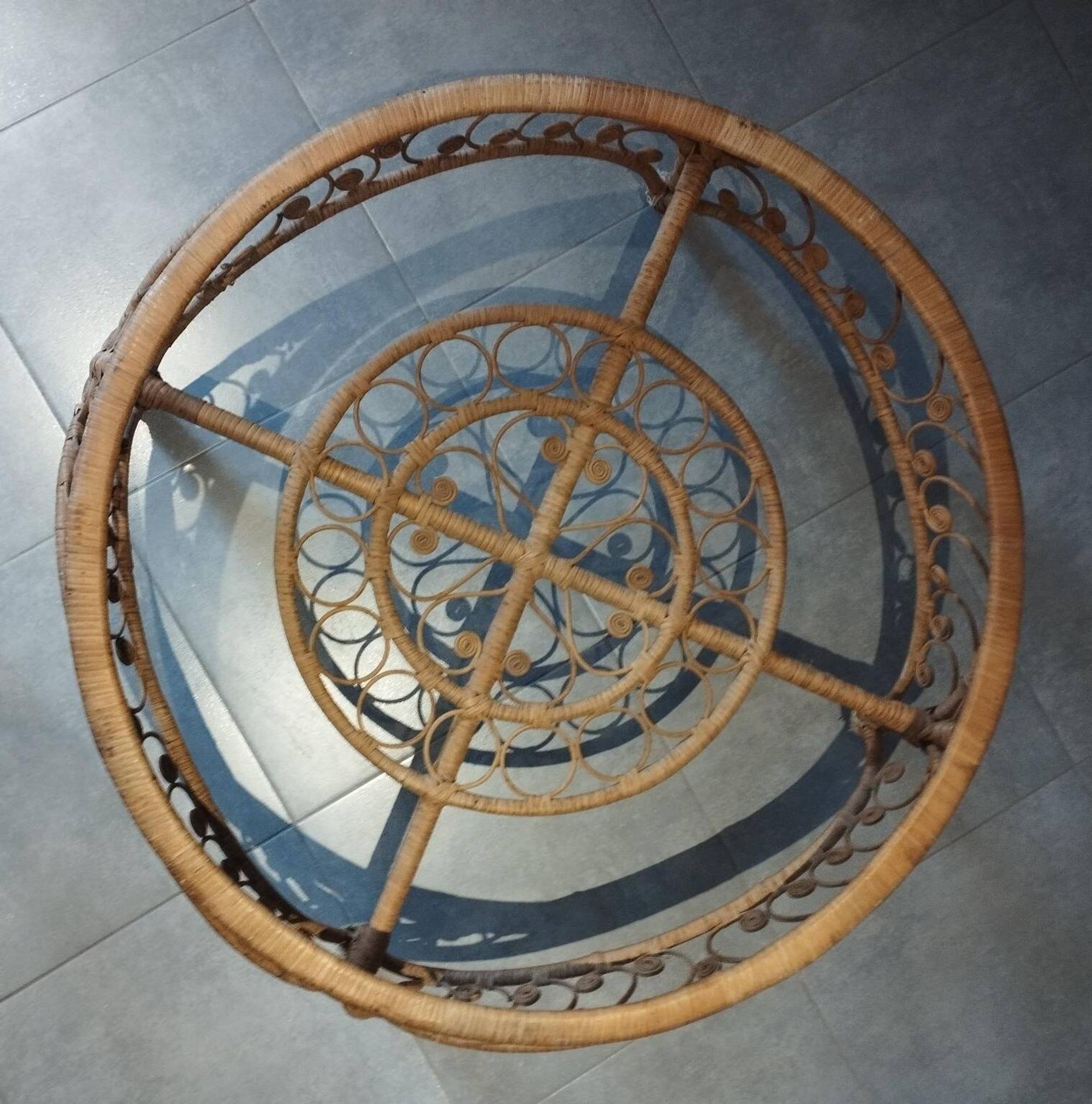 Large Peacock-French Riviera coffee table in rattan, bamboo, glass, vintage.