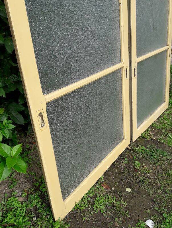 Pair of antique translucent glass sliding doors