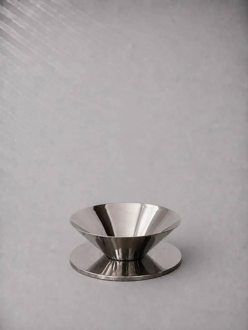 Vintage conical bowl in stainless steel, metal platter with a futuristic style, sculptural serving bowl Mid-Century Modern.