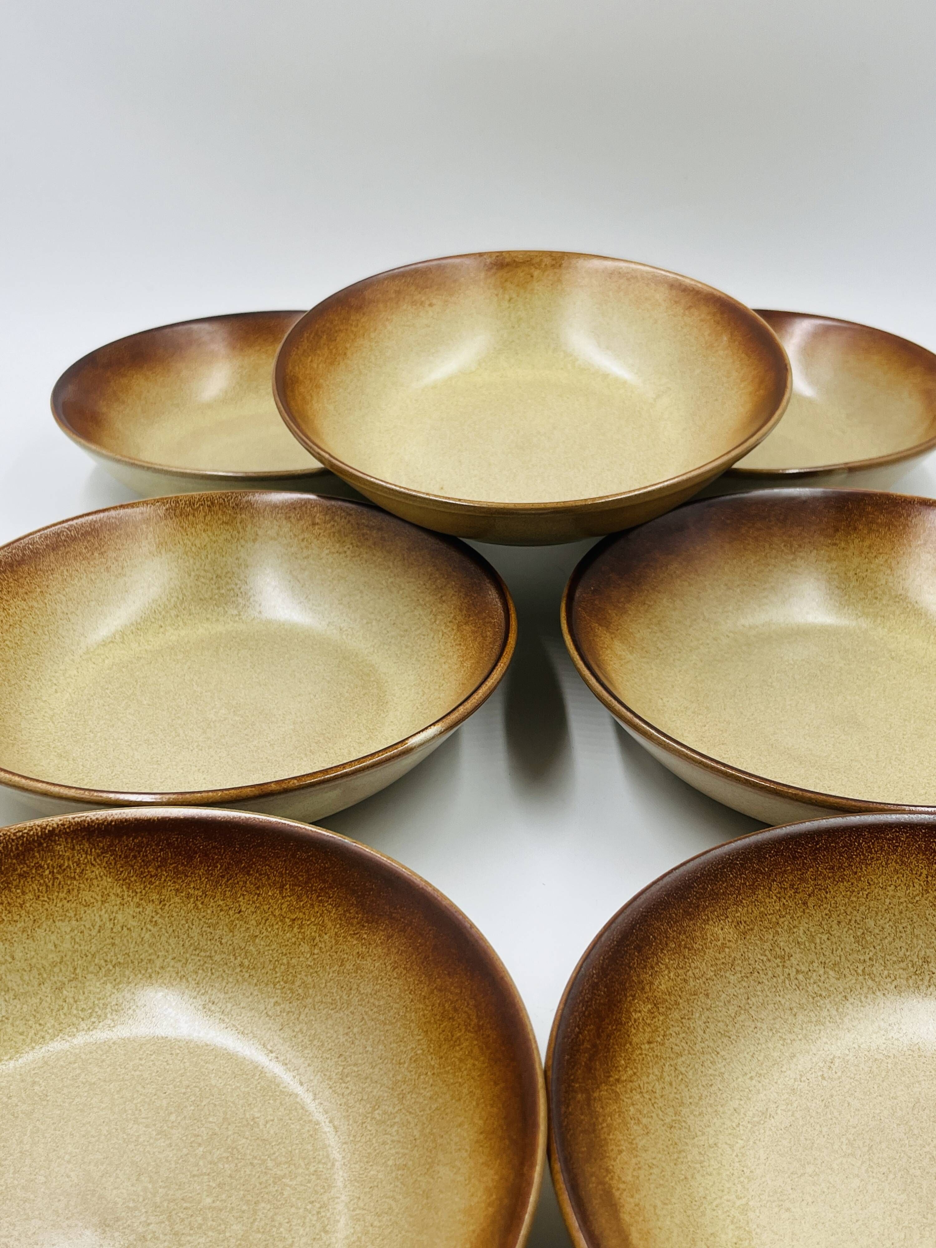 Lot 7 Flamed Stoneware Soup Plates 1970