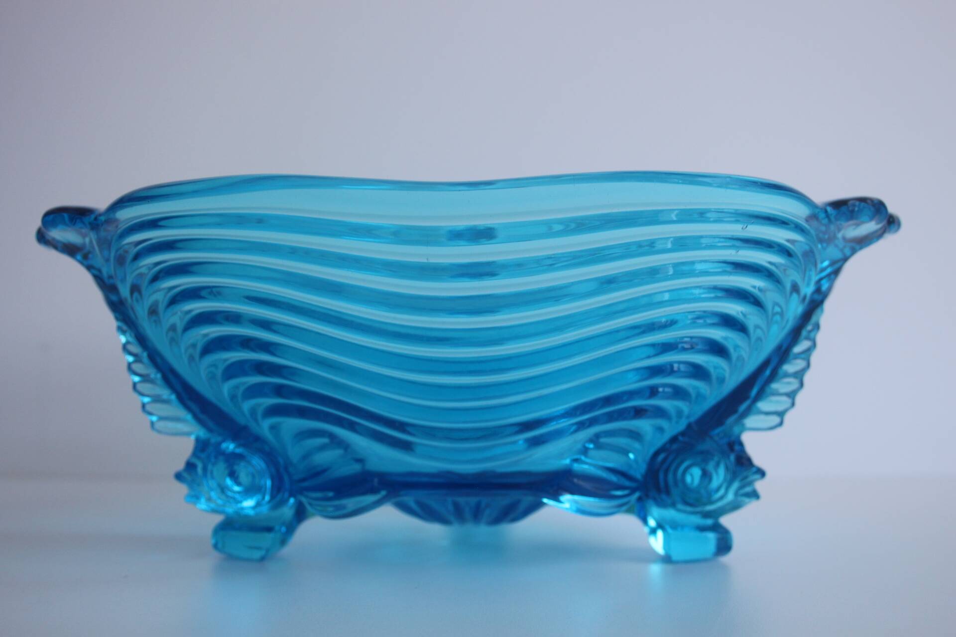 Rare Art Deco Glass Josef Inwald With Fish Feet Bowl-Gorgeous Rich Blue