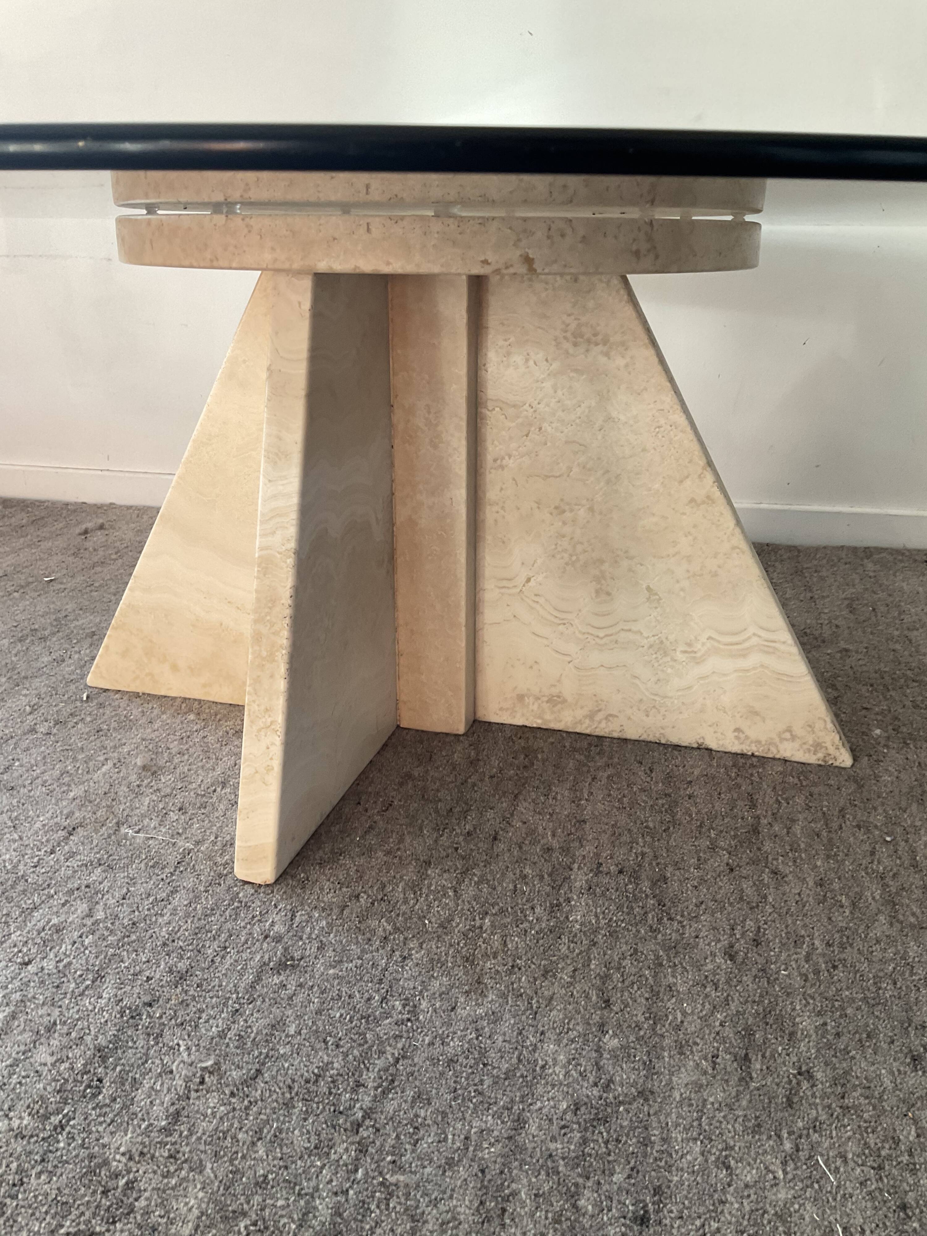 Vintage coffee table in travertine and smoked glass 70s