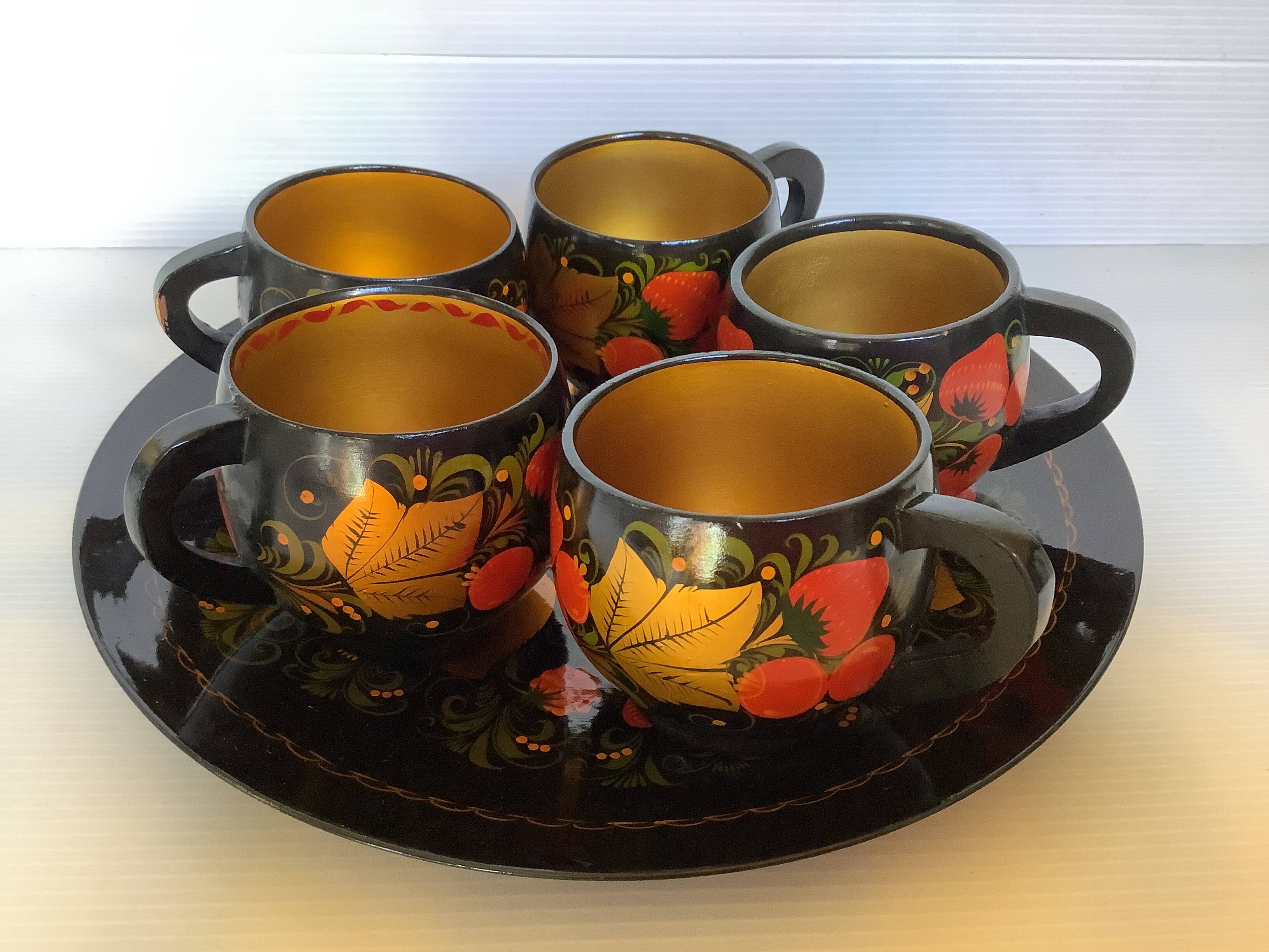 Tray and five Russian khokhloma cups