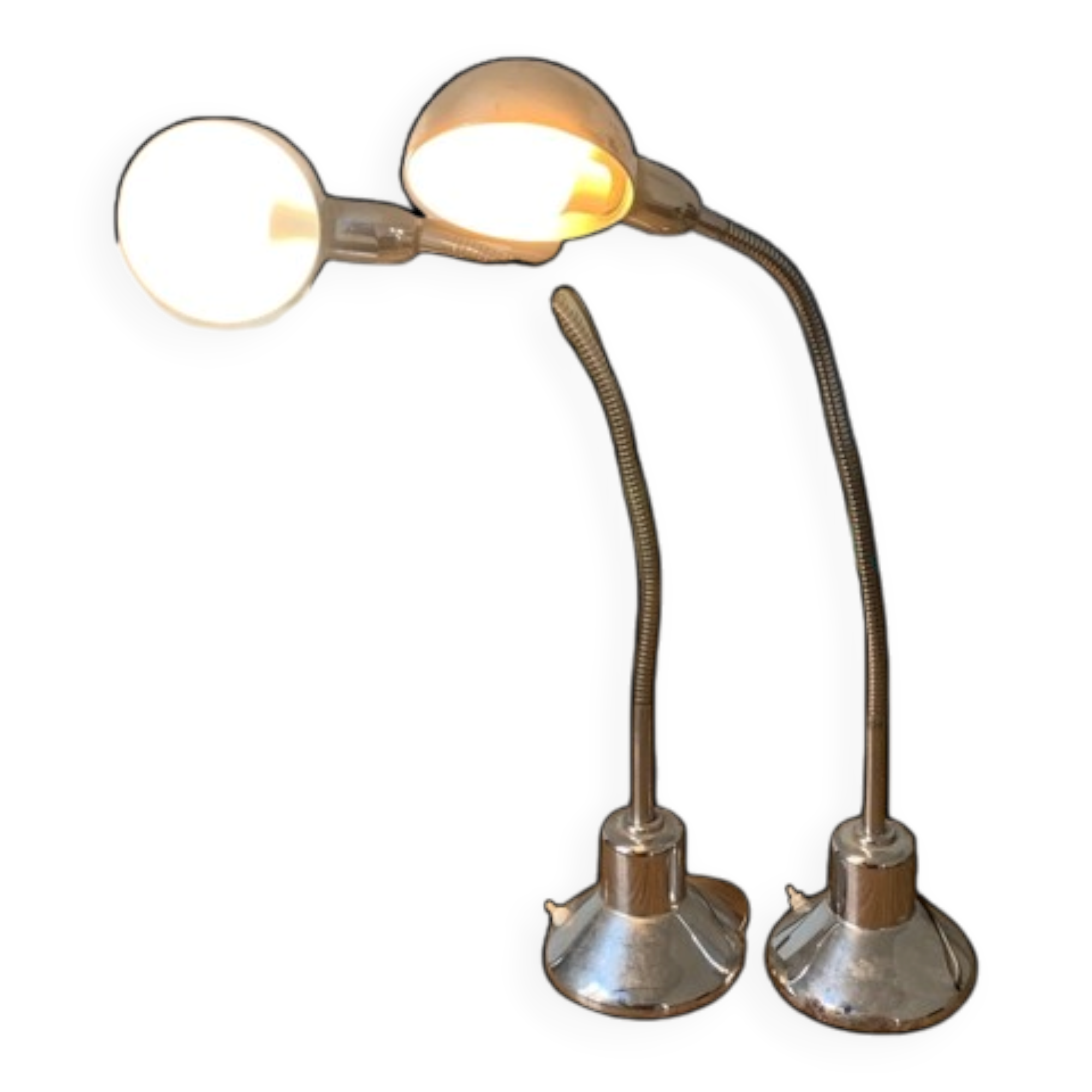 Pair of vintage chrome metal desk lamps with adjustable goosenecks.