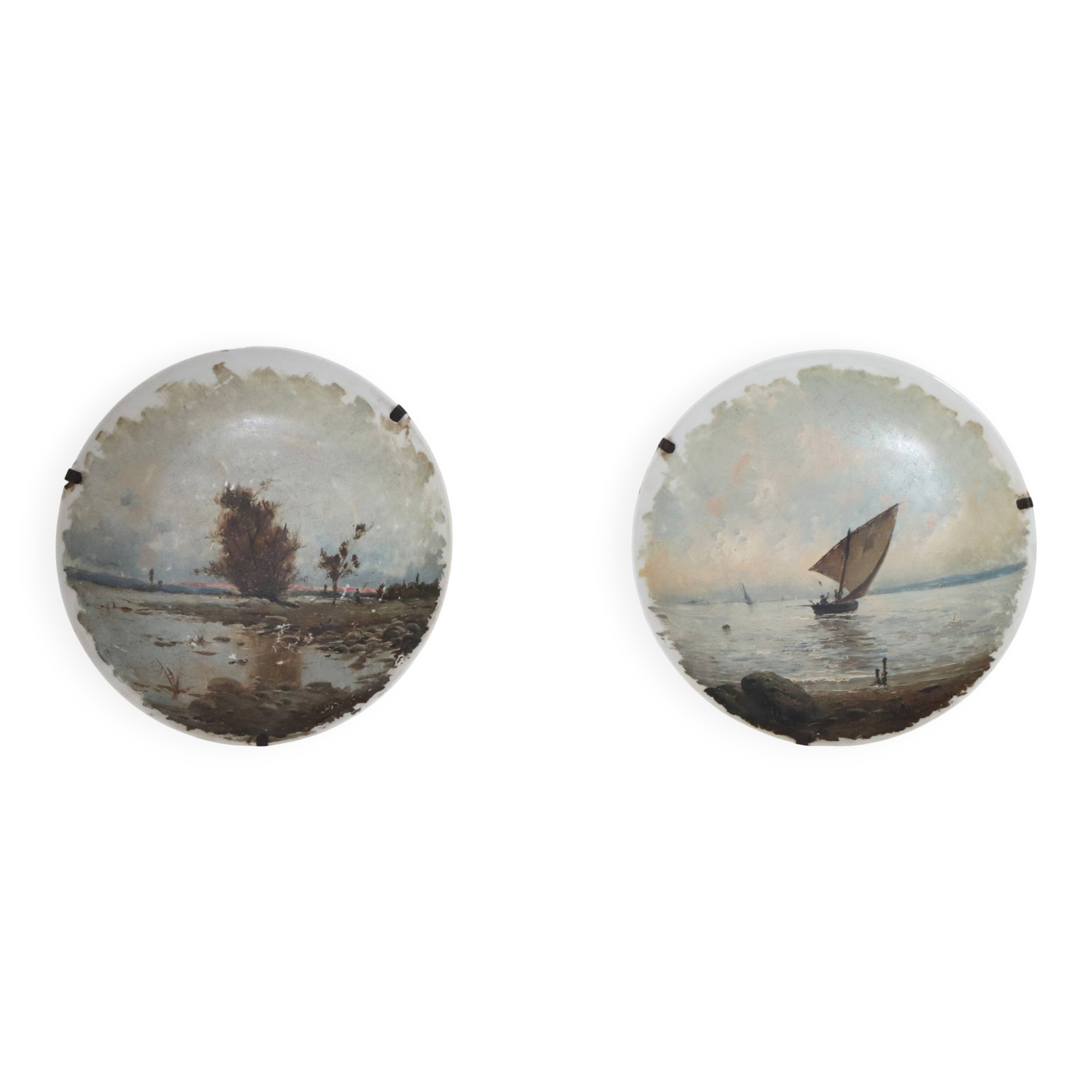 Pair of large hand-painted plates, sailing boat and landscape – late 19th century