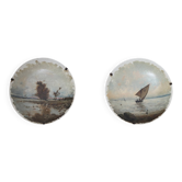 Pair of large hand-painted plates, sailing boat and landscape – late 19th century