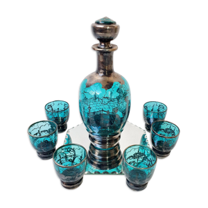 carafe antique en verre argenté et turquoise de Murano et 6 verres assortis de 1920