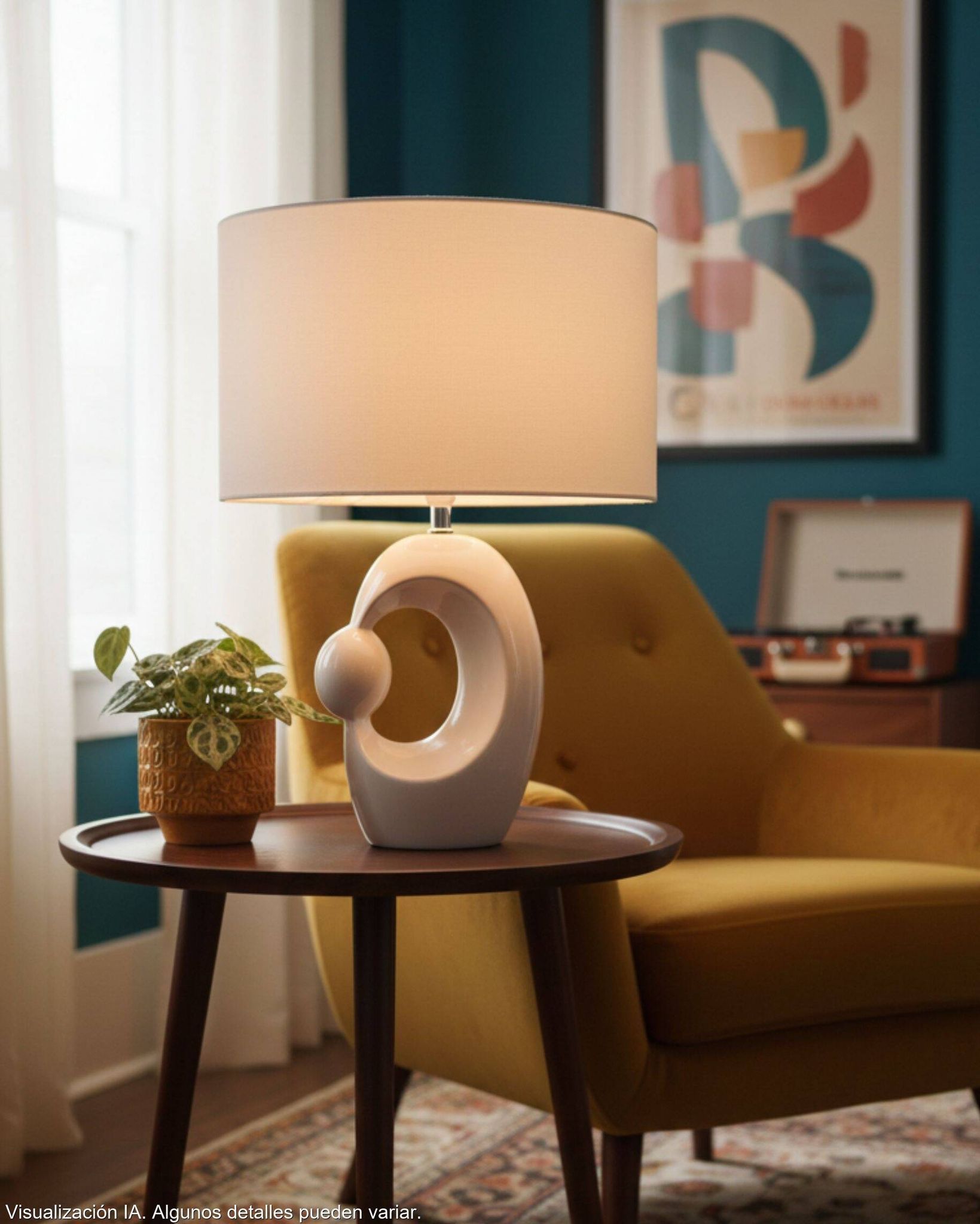 Lampe de table en céramique crème d'inspiration mid-century, avec abat-jour