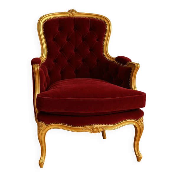 Fauteuil style Louis XV en bois doré et velours rouge