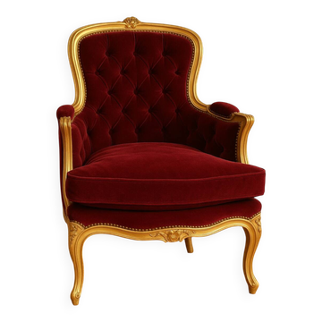 Louis XV armchair in gilded wood and garnet red velvet