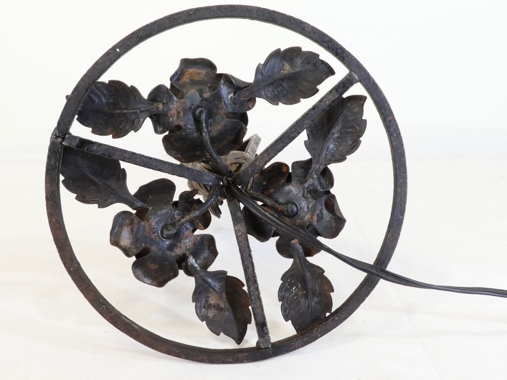 Art deco wrought iron lamp and speckled glass tulip