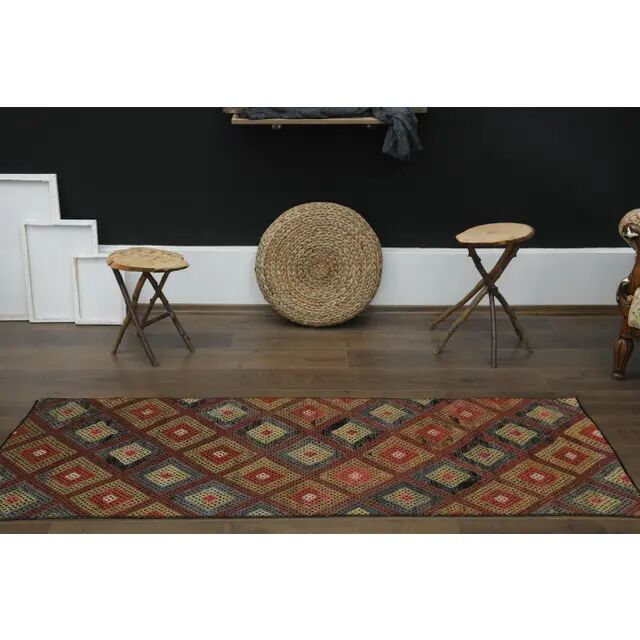 1970s Vintage Turkish Oushak Handmade Wool Cotton Red Runner Rug 70x213