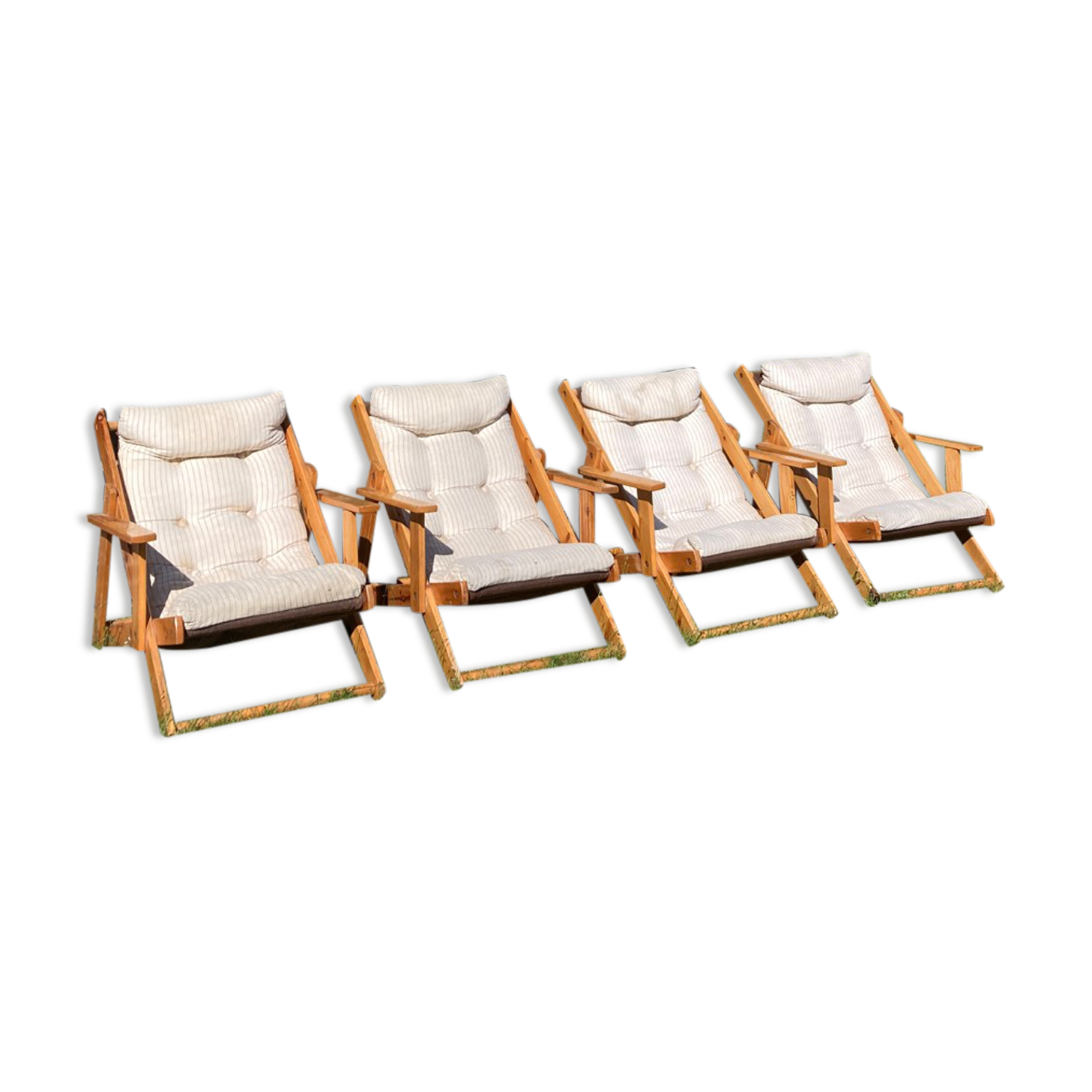 4 garden armchairs 1970 in pine and beige fabric