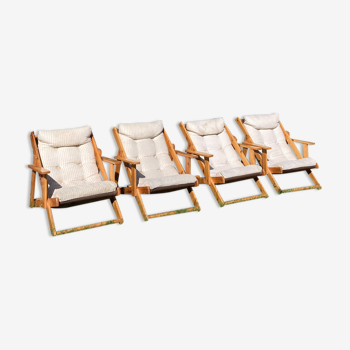 4 fauteuils de jardin 1970 en pin et tissu beige