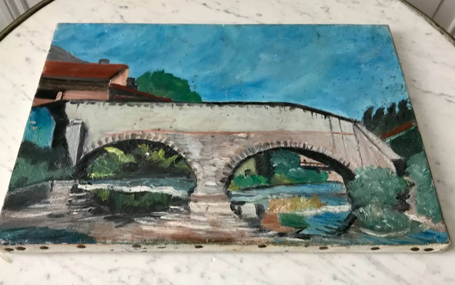 Oil painting on canvas landscape old bridge and river